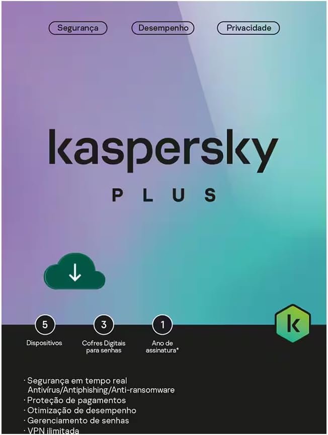 Kaspersky Antivirus Plus BR; 5 Dispositivos; 3 Contas KPM; 1 Ano ESD